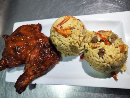 Native rice with beef and chicken wings