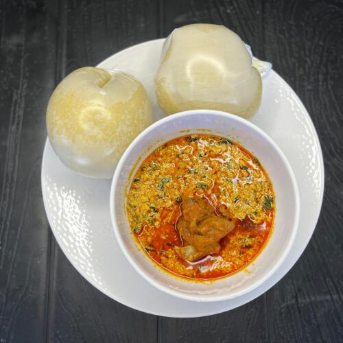 Eba With Egusi and Goat Meat